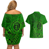 Hawaii Monk Seal and Dolphin Couples Matching Off Shoulder Short Dress and Hawaiian Shirt Polynesian Kakau Pattern Green