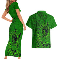 Hawaii Monk Seal and Dolphin Couples Matching Short Sleeve Bodycon Dress and Hawaiian Shirt Polynesian Kakau Pattern Green LT03 - Polynesian Pride