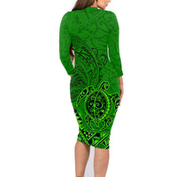 Hawaii Monk Seal and Dolphin Family Matching Long Sleeve Bodycon Dress and Hawaiian Shirt Polynesian Kakau Pattern Green