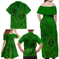Hawaii Monk Seal and Dolphin Family Matching Off Shoulder Maxi Dress and Hawaiian Shirt Polynesian Kakau Pattern Green LT03 - Polynesian Pride