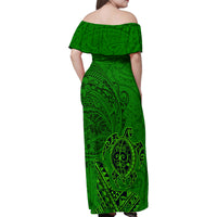 Hawaii Monk Seal and Dolphin Family Matching Off Shoulder Maxi Dress and Hawaiian Shirt Polynesian Kakau Pattern Green LT03 - Polynesian Pride