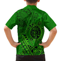 Hawaii Monk Seal and Dolphin Family Matching Off Shoulder Short Dress and Hawaiian Shirt Polynesian Kakau Pattern Green