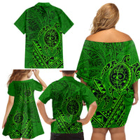 Hawaii Monk Seal and Dolphin Family Matching Off Shoulder Short Dress and Hawaiian Shirt Polynesian Kakau Pattern Green