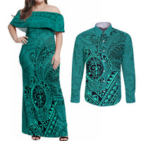 Hawaii Monk Seal and Dolphin Couples Matching Off Shoulder Maxi Dress and Long Sleeve Button Shirt Polynesian Kakau Pattern Turquoise
