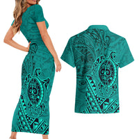 Hawaii Monk Seal and Dolphin Couples Matching Short Sleeve Bodycon Dress and Hawaiian Shirt Polynesian Kakau Pattern Turquoise LT03 - Polynesian Pride