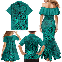 Hawaii Monk Seal and Dolphin Family Matching Mermaid Dress and Hawaiian Shirt Polynesian Kakau Pattern Turquoise LT03 - Polynesian Pride