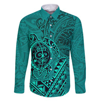 Hawaii Monk Seal and Dolphin Family Matching Mermaid Dress and Hawaiian Shirt Polynesian Kakau Pattern Turquoise LT03 Dad's Shirt - Long Sleeve Turquoise - Polynesian Pride