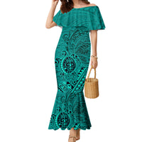 Hawaii Monk Seal and Dolphin Family Matching Mermaid Dress and Hawaiian Shirt Polynesian Kakau Pattern Turquoise LT03 Mom's Dress Turquoise - Polynesian Pride