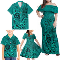 Hawaii Monk Seal and Dolphin Family Matching Off Shoulder Maxi Dress and Hawaiian Shirt Polynesian Kakau Pattern Turquoise LT03 - Polynesian Pride