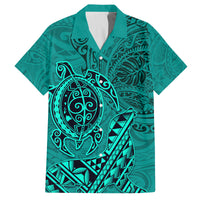 Hawaii Monk Seal and Dolphin Family Matching Off Shoulder Maxi Dress and Hawaiian Shirt Polynesian Kakau Pattern Turquoise LT03 Dad's Shirt - Short Sleeve Turquoise - Polynesian Pride