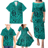 Hawaii Monk Seal and Dolphin Family Matching Puletasi and Hawaiian Shirt Polynesian Kakau Pattern Turquoise LT03 - Polynesian Pride