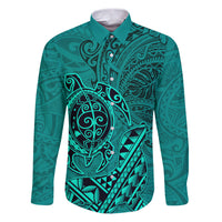 Hawaii Monk Seal and Dolphin Family Matching Puletasi and Hawaiian Shirt Polynesian Kakau Pattern Turquoise LT03 Dad's Shirt - Long Sleeve Turquoise - Polynesian Pride