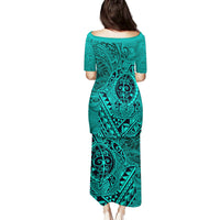 Hawaii Monk Seal and Dolphin Family Matching Puletasi and Hawaiian Shirt Polynesian Kakau Pattern Turquoise LT03 - Polynesian Pride