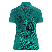 Hawaii Monk Seal and Dolphin Women Polo Shirt Polynesian Kakau Pattern Turquoise