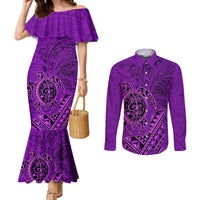 Hawaii Monk Seal and Dolphin Couples Matching Mermaid Dress and Long Sleeve Button Shirt Polynesian Kakau Pattern Purple