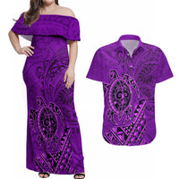 Hawaii Monk Seal and Dolphin Couples Matching Off Shoulder Maxi Dress and Hawaiian Shirt Polynesian Kakau Pattern Purple LT03 Purple - Polynesian Pride