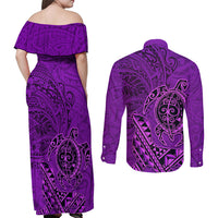 Hawaii Monk Seal and Dolphin Couples Matching Off Shoulder Maxi Dress and Long Sleeve Button Shirt Polynesian Kakau Pattern Purple