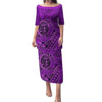 Hawaii Monk Seal and Dolphin Family Matching Puletasi and Hawaiian Shirt Polynesian Kakau Pattern Purple LT03 Mom's Dress Purple - Polynesian Pride