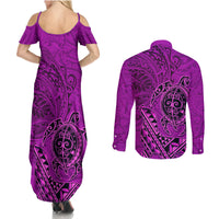 Hawaii Monk Seal and Dolphin Couples Matching Summer Maxi Dress and Long Sleeve Button Shirt Polynesian Kakau Pattern Pink