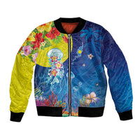 Palau Bomber Jacket Jellyfish with Coral Reefs Ocean Vibe and Tapa Pattern LT03 Unisex Blue - Polynesian Pride
