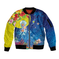Palau Sleeve Zip Bomber Jacket Jellyfish with Coral Reefs Ocean Vibe and Tapa Pattern LT03 Unisex Blue - Polynesian Pride