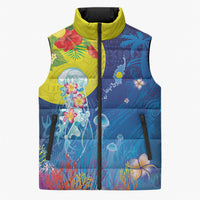Palau Sleeveless Puffer Jacket Jellyfish with Coral Reefs Ocean Vibe and Tapa Pattern LT03 Unisex Blue - Polynesian Pride