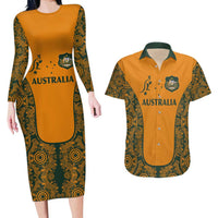 Custom Australia Rugby Championship 2024 Couples Matching Long Sleeve Bodycon Dress and Hawaiian Shirt Aboriginal Art Tattoo Pattern LT03 Yellow - Polynesian Pride