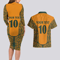 Custom Australia Rugby Championship 2024 Couples Matching Long Sleeve Bodycon Dress and Hawaiian Shirt Aboriginal Art Tattoo Pattern LT03 - Polynesian Pride