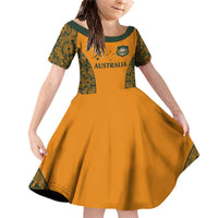 Custom Australia Rugby Championship 2024 Family Matching Off Shoulder Short Dress and Hawaiian Shirt Aboriginal Art Tattoo Pattern LT03 Daughter's Dress Yellow - Polynesian Pride