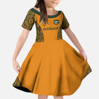Custom Australia Rugby Championship 2024 Family Matching Puletasi and Hawaiian Shirt Aboriginal Art Tattoo Pattern LT03 Daughter's Dress Yellow - Polynesian Pride