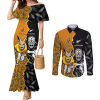 Custom New Zealand and Australia Rugby Championship 2024 Couples Matching Mermaid Dress and Long Sleeve Button Shirt Maori Warrior and Kangaroo Mascot with Fern Aboriginal LT03 Black - Polynesian Pride