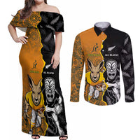 Custom New Zealand and Australia Rugby Championship 2024 Couples Matching Off Shoulder Maxi Dress and Long Sleeve Button Shirt Maori Warrior and Kangaroo Mascot with Fern Aboriginal LT03 Black - Polynesian Pride