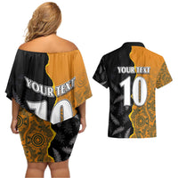 Custom New Zealand and Australia Rugby Championship 2024 Couples Matching Off Shoulder Short Dress and Hawaiian Shirt Maori Warrior and Kangaroo Mascot with Fern Aboriginal LT03 - Polynesian Pride