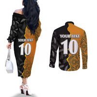 Custom New Zealand and Australia Rugby Championship 2024 Couples Matching Off The Shoulder Long Sleeve Dress and Long Sleeve Button Shirt Maori Warrior and Kangaroo Mascot with Fern Aboriginal LT03 - Polynesian Pride