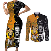 Custom New Zealand and Australia Rugby Championship 2024 Couples Matching Short Sleeve Bodycon Dress and Long Sleeve Button Shirt Maori Warrior and Kangaroo Mascot with Fern Aboriginal LT03 Black - Polynesian Pride