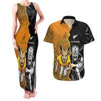 Custom New Zealand and Australia Rugby Championship 2024 Couples Matching Tank Maxi Dress and Hawaiian Shirt Maori Warrior and Kangaroo Mascot with Fern Aboriginal LT03 Black - Polynesian Pride