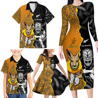 Custom New Zealand and Australia Rugby Championship 2024 Family Matching Long Sleeve Bodycon Dress and Hawaiian Shirt Maori Warrior and Kangaroo Mascot with Fern Aboriginal LT03 - Polynesian Pride