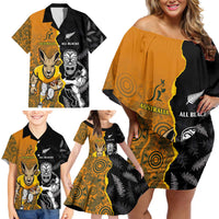 Custom New Zealand and Australia Rugby Championship 2024 Family Matching Off Shoulder Short Dress and Hawaiian Shirt Maori Warrior and Kangaroo Mascot with Fern Aboriginal LT03 - Polynesian Pride