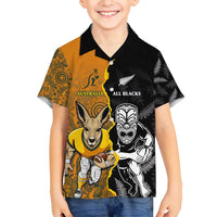 Custom New Zealand and Australia Rugby Championship 2024 Family Matching Summer Maxi Dress and Hawaiian Shirt Maori Warrior and Kangaroo Mascot with Fern Aboriginal LT03 Son's Shirt Black - Polynesian Pride