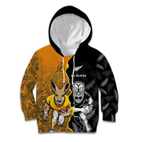 Custom New Zealand and Australia Rugby Championship 2024 Kid Hoodie Maori Warrior and Kangaroo Mascot with Fern Aboriginal LT03 Hoodie Black - Polynesian Pride