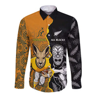 Custom New Zealand and Australia Rugby Championship 2024 Long Sleeve Button Shirt Maori Warrior and Kangaroo Mascot with Fern Aboriginal LT03 Unisex Black - Polynesian Pride