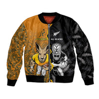 Custom New Zealand and Australia Rugby Championship 2024 Sleeve Zip Bomber Jacket Maori Warrior and Kangaroo Mascot with Fern Aboriginal LT03 Unisex Black - Polynesian Pride