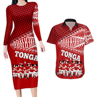 Personalised Tonga Rugby Couples Matching Long Sleeve Bodycon Dress and Hawaiian Shirt Sipi Tau Dance Ngatu Pattern LT03 Red - Polynesian Pride
