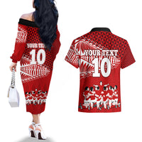 Personalised Tonga Rugby Couples Matching Off The Shoulder Long Sleeve Dress and Hawaiian Shirt Sipi Tau Dance Ngatu Pattern LT03 - Polynesian Pride