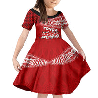 Personalised Tonga Rugby Family Matching Short Sleeve Bodycon Dress and Hawaiian Shirt Sipi Tau Dance Ngatu Pattern LT03 Daughter's Dress Red - Polynesian Pride