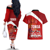 Tonga Rugby Couples Matching Off The Shoulder Long Sleeve Dress and Hawaiian Shirt Sipi Tau Dance Coat of Arms Ngatu Pattern LT03 - Polynesian Pride