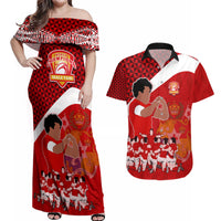 Personalised Tonga Rugby Couples Matching Off Shoulder Maxi Dress and Hawaiian Shirt Sipi Tau Dance Coat of Arms Ngatu Pattern LT03 Red - Polynesian Pride