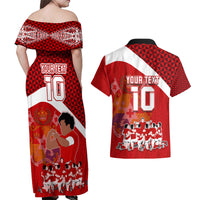 Personalised Tonga Rugby Couples Matching Off Shoulder Maxi Dress and Hawaiian Shirt Sipi Tau Dance Coat of Arms Ngatu Pattern LT03 - Polynesian Pride