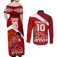 Personalised Tonga Rugby Couples Matching Off Shoulder Maxi Dress and Long Sleeve Button Shirts Sipi Tau Dance Coat of Arms Ngatu Pattern LT03 - Polynesian Pride
