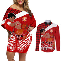 Personalised Tonga Rugby Couples Matching Off Shoulder Short Dress and Long Sleeve Button Shirts Sipi Tau Dance Coat of Arms Ngatu Pattern LT03 Red - Polynesian Pride